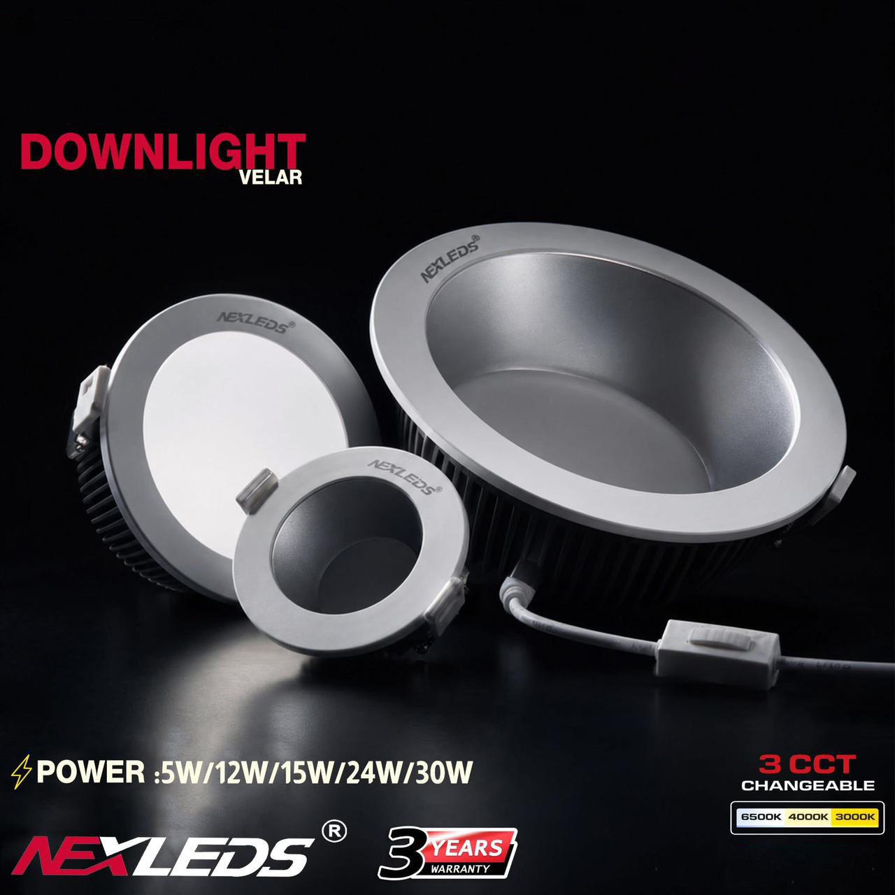 VELAR DL19 5W / 12W / 15W / 24W / 30W LED DOWNLIGHT 3CCT 